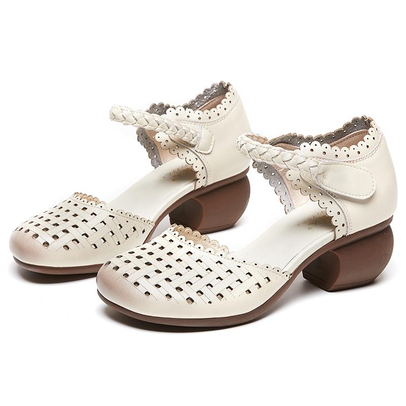 

Fashion GKTINOO 2025 Summer Women Shoes New Soft Bottom Genuine Leather Women Sandals Retro Hollow Thick Heels Sandals For Mother 9