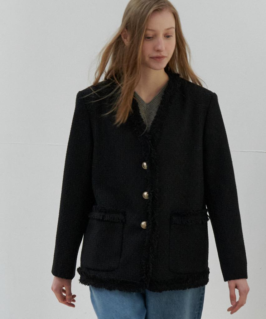 So Ir Fringe V Neck Tweed Jacket - Black