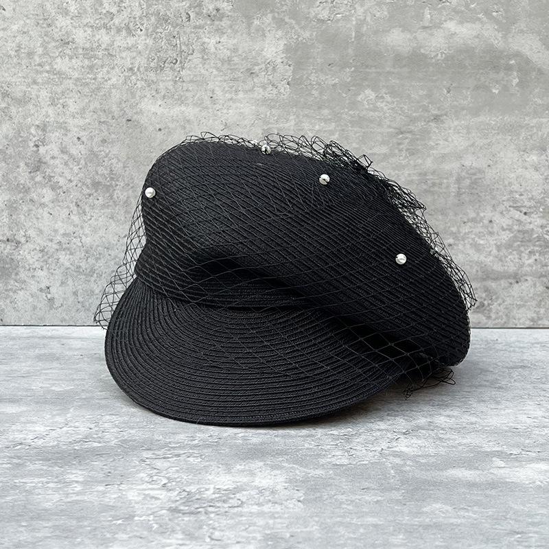 

New Women Summer Hats Newsboy Cap Ladies Fansinator Pearls Veil Straw Hat Sloping Brim Visor Cap Cabbie Beret Girls Paperboy Cap чорний