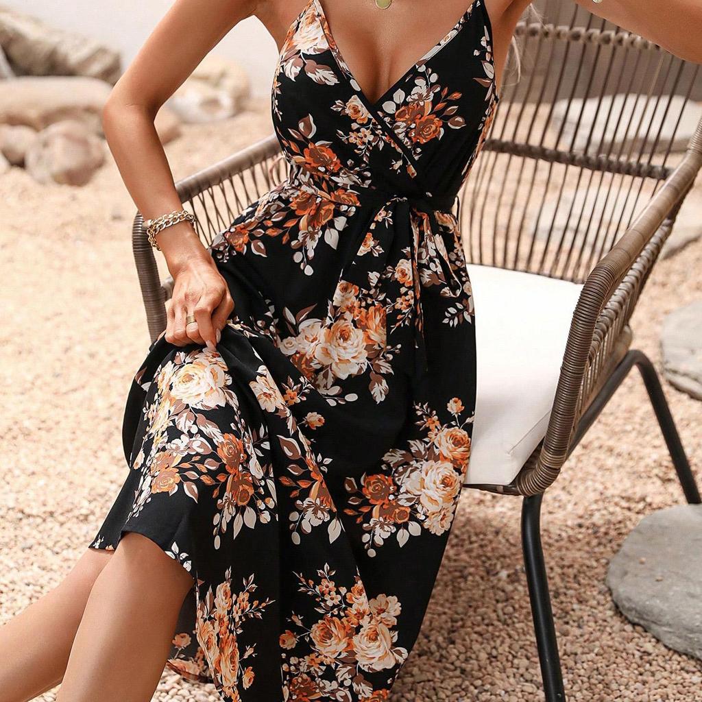 Women's Summer Ethnic Printed Short Sleeveless High Waist A Line Lace Up Dress