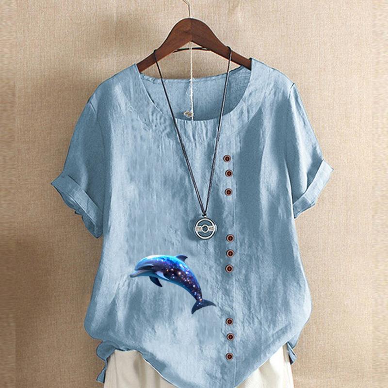 Women's Fashion Round Neck Short Sleeve T-shirt Casual Cotton Linen Graphic Shirt Dolphin Prined Summer Blouse Tops Plus Size