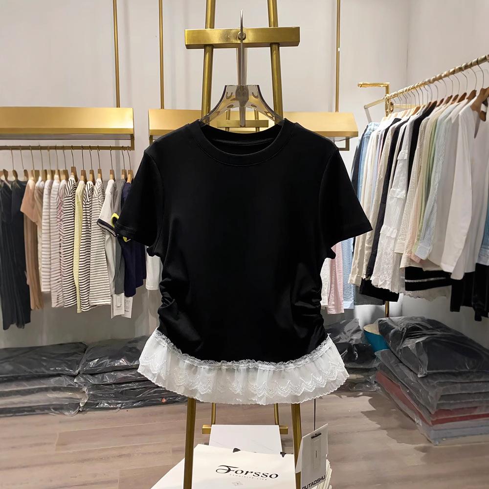 Women's Summer Lace Lace Hem Patchwork Short Sleeved Round Neck T-shirt Korean Sweet Slim Fit Pleated Design Top