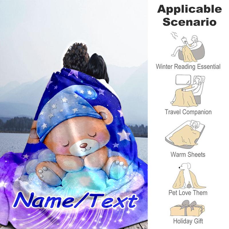 1PC Custom Name "Sleepy Bear Dreamscape" outdooor Flannel blankets Throw Blanket All-Season Throw Gift Bedspread for Couch, Bed, Camping Holiday Birth