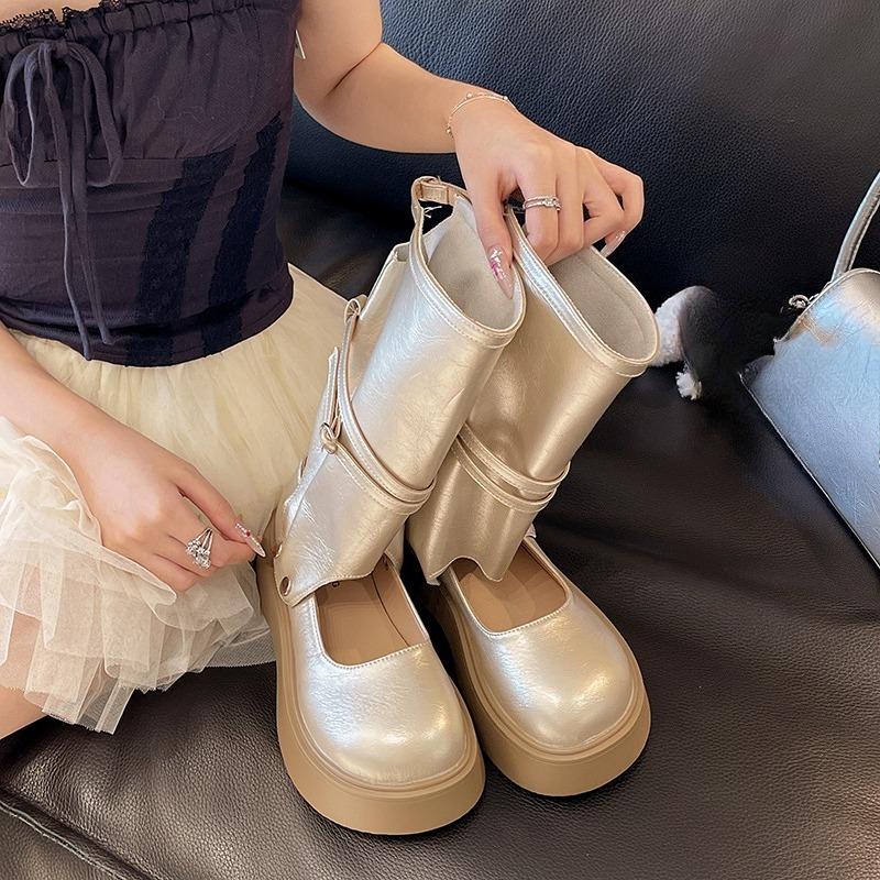 Fashion Two-wear Platform Single Shoes Autumn New Round Toe Shallow Socket Metal One-band Non-slip Wear-resistant Kitten Heel Shoes