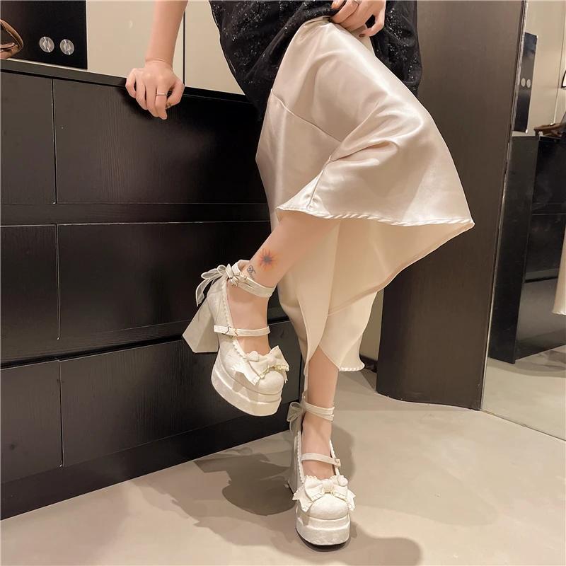 Fashion Lolita Mary's Little Shoes New Style Sweet Student High Heels Spicy Girl Single Shoes Large Size Chiffon Elegant Butterfly-knot