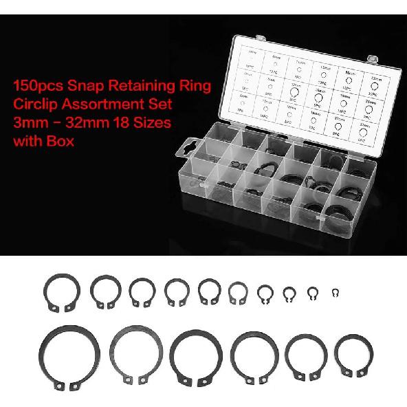 150pcs Black C-Clip Assortment Kit 3mm-32mm Internal/External Retaining Rings for Industrial Fasteners(18 Sizes with Box)
