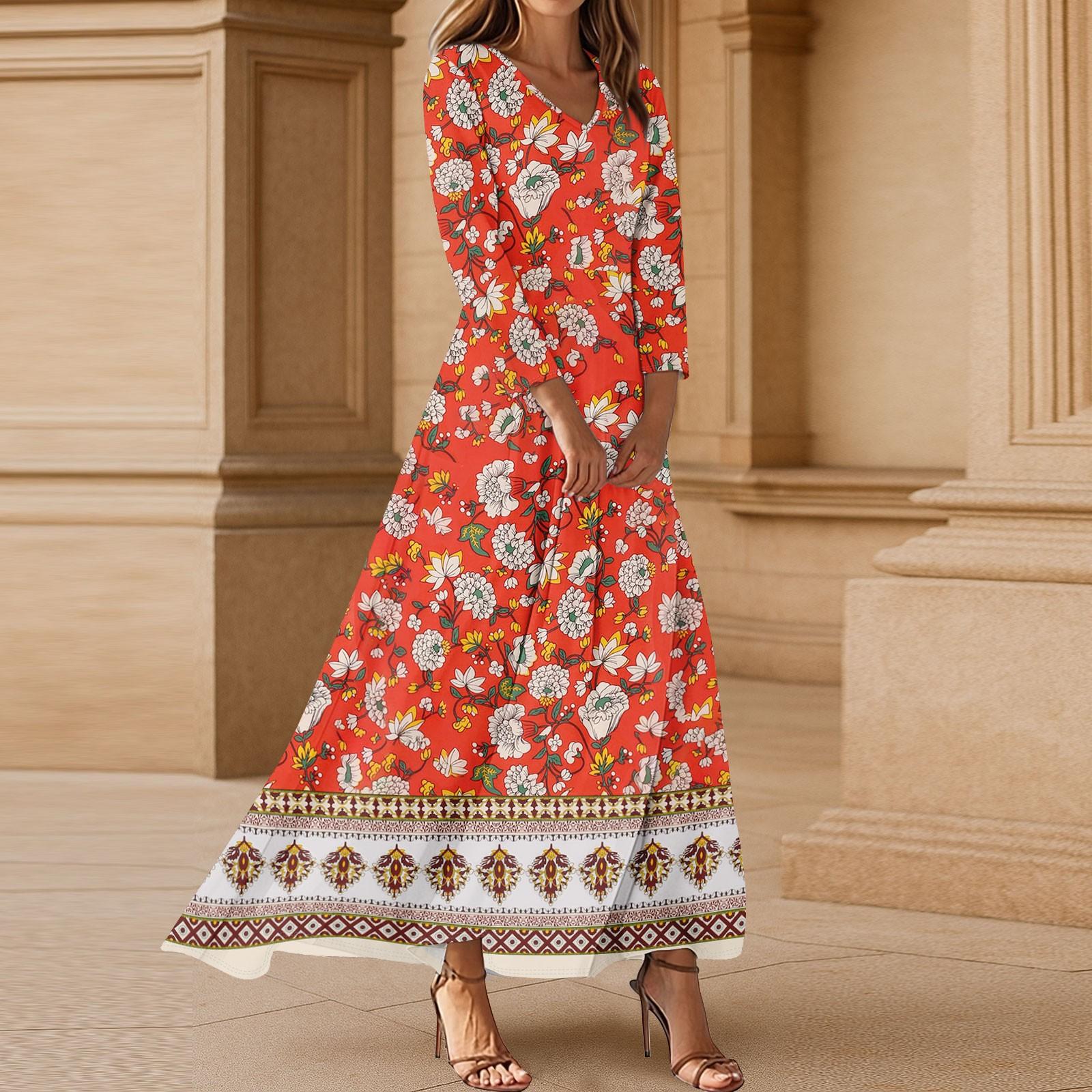 

Платья для женщин Винтажное туниковое платье миди с завышенной талией Летнее повседневное платье с рукавом 3/4 XL красный