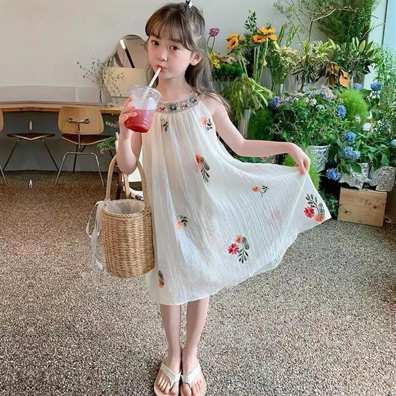 Girls Summer Mesh Embroidered Spaghetti Strap Dress Elegant Beach Princess Party Gown For Kids 90cm