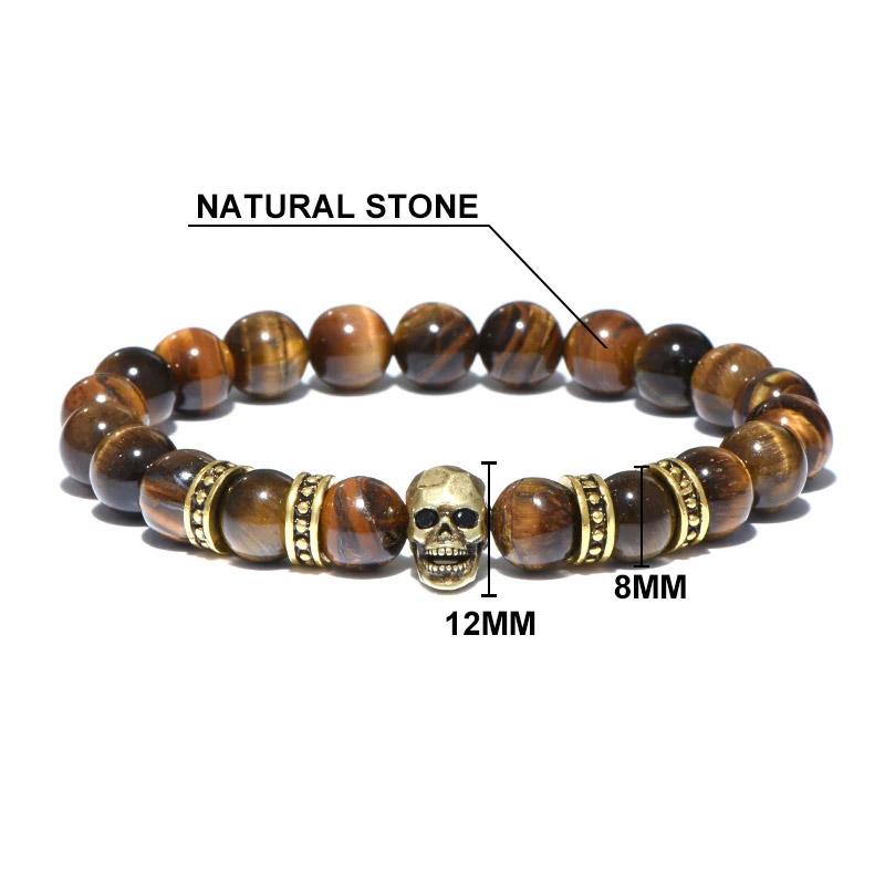 Gothic Skull Bracelet For Men 8mm Smooth Tiger Eyes Stone Strand Braslet Accessories Hombre Gifts For Him Vintage Jewelry Joias