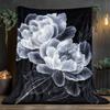 Black background white peony floral design flannel blanket elegant modern bedroom decor luxury flower pattern throw blanket gift