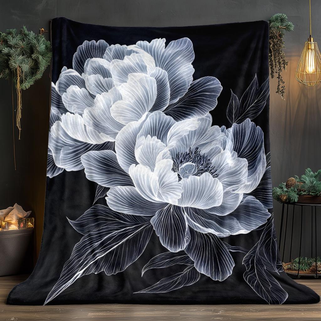 Black background white peony floral design flannel blanket elegant modern bedroom decor luxury flower pattern throw blanket gift