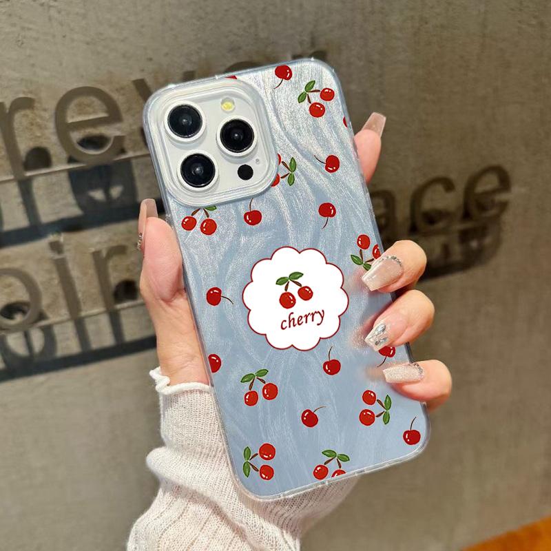 Little Cherry Print Luxury Glitter Case For iPhone 16 Pro Max 15 Pro 14 13 12 11 Hybrid TPU PC Clear Shockproof Slim Phone Cover