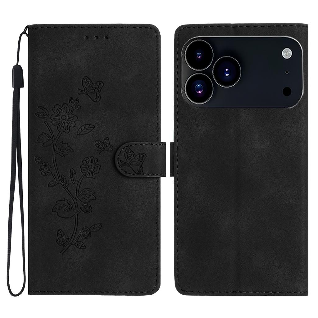 For iPhone 17 Pro Max Case Leather Imprinted Flower Phone Cover Wallet with Wrist Strap