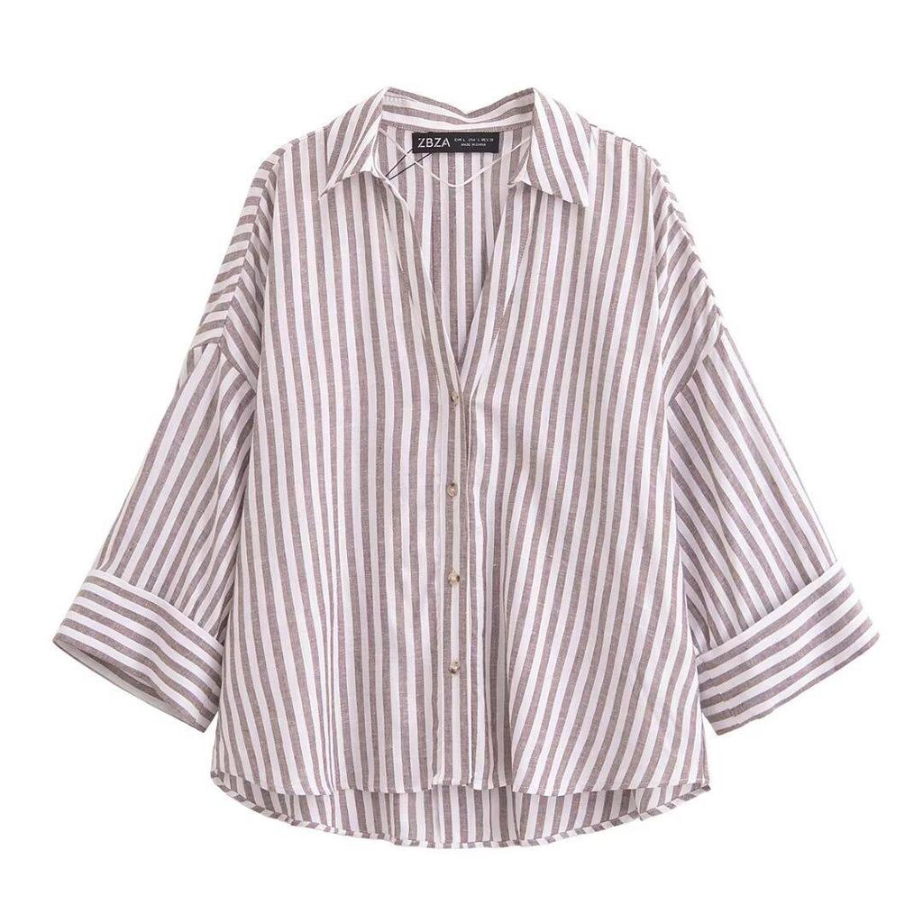 Summer 2025 Women's Slimming Linen Striped Long-Sleeve Shirt