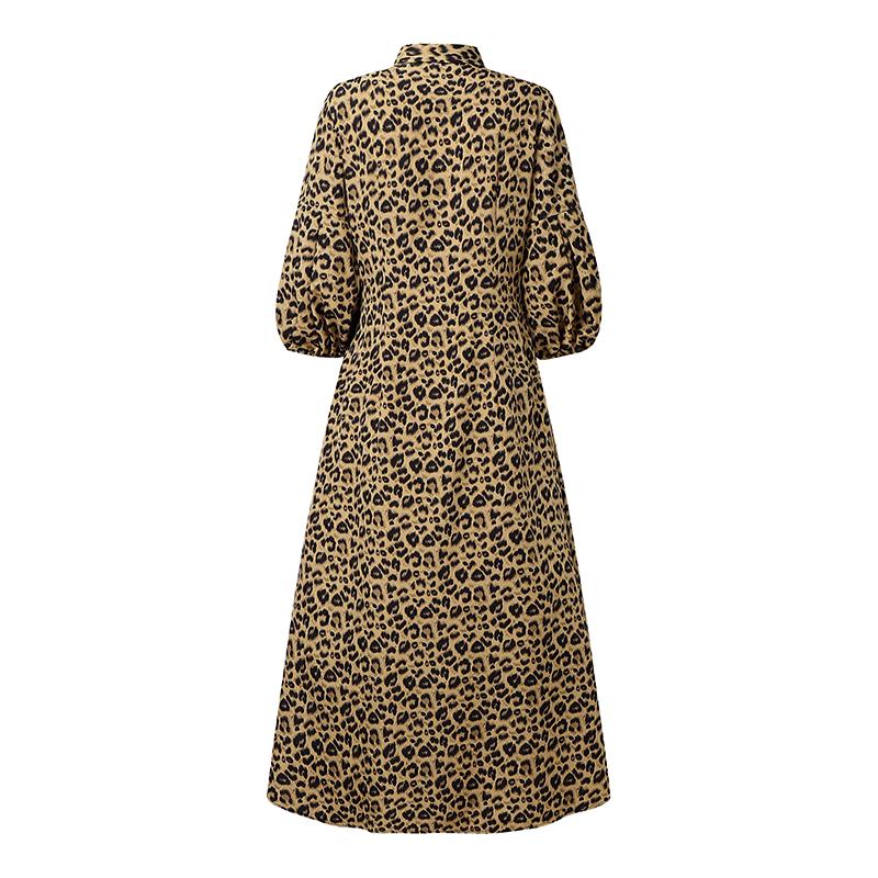 VONDA Vintage Women Puff Sleeve Leopard Print Buttons Up Long Pleated Dress