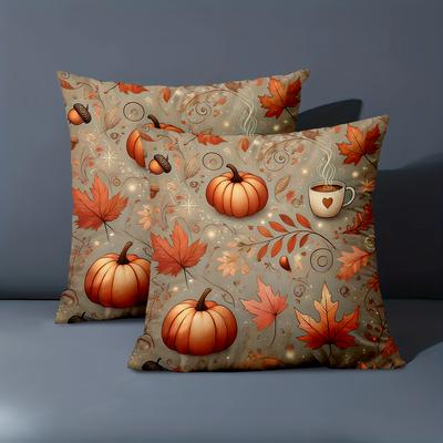 1 Pieces - 2D Flat Printing Autumn Pumpkins Leaves Cup Throw Pillows Polyester Pillowcase, Sofa Decorative Cushion Cov