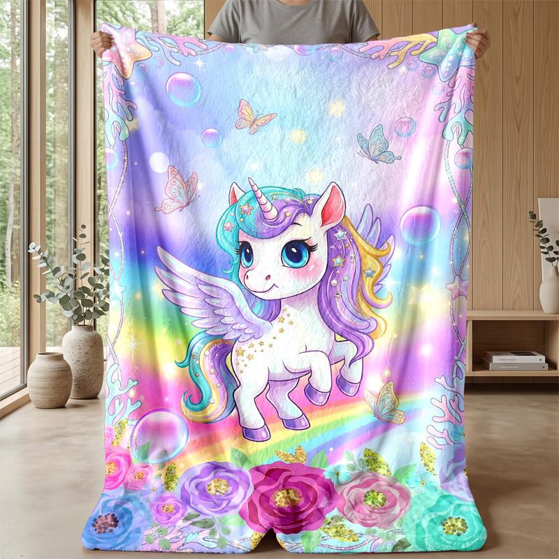 Magical Unicorn Rainbow Theme Blanket Lightweight Warm Flannel Blanket Decorative Throw Blanket for Home Decoration