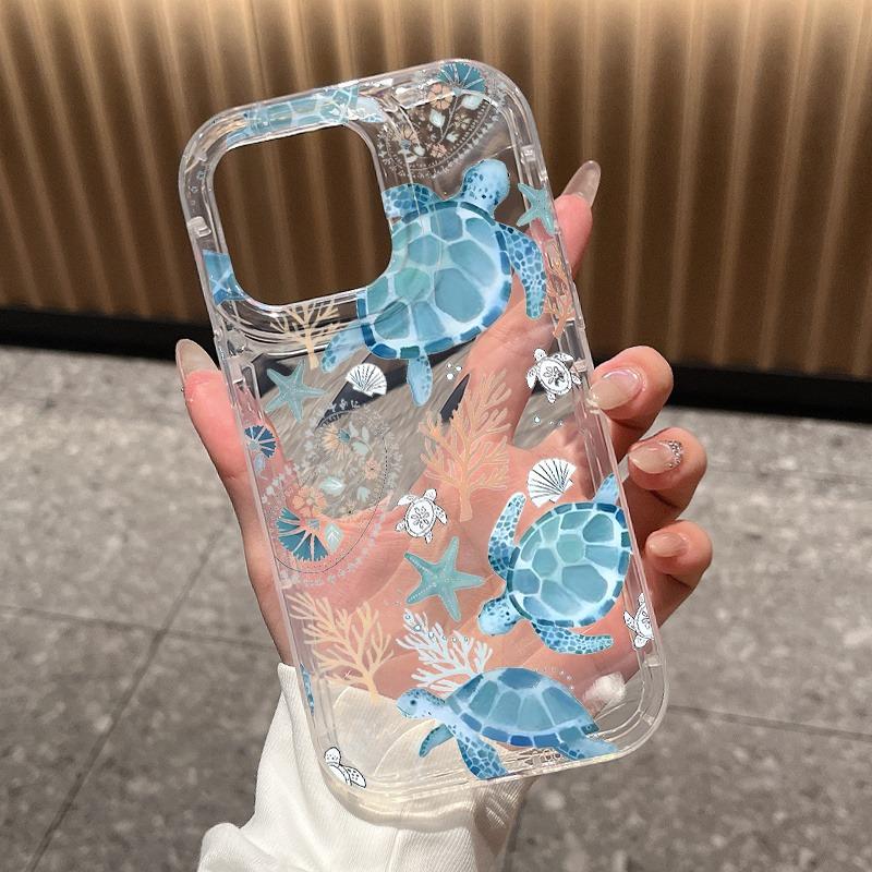 Coque de téléphone transparente avec impression de tortue bleue et airbag, Convient pour les téléphones séries iPhone 17, 16, 15, Plus, Pro, Max - Idéale pour offrir