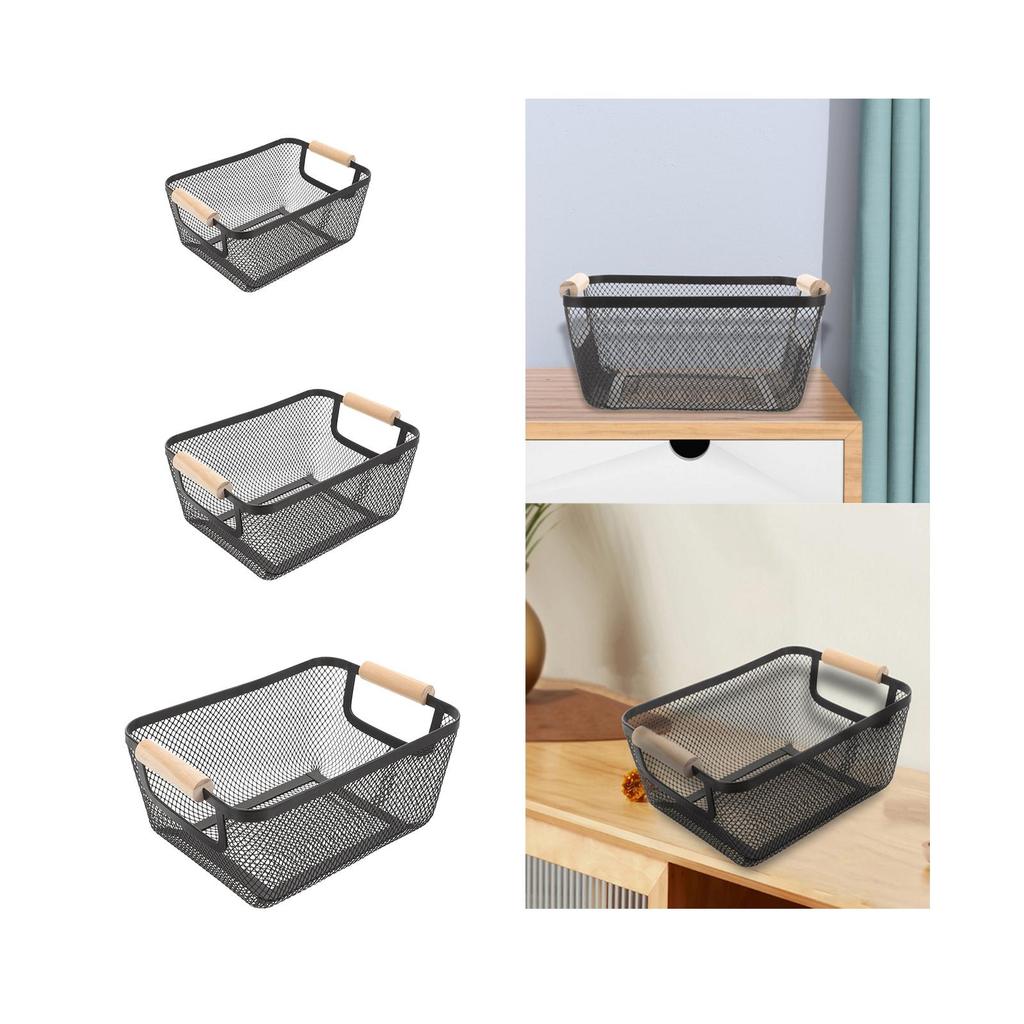 Metal Wire Bin Basket with Wooden Handle Container Multifunctional Kitchen Organizer Fruit Basket for Home Office Lightweight