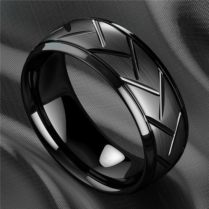 Fashion 8mm Black Brushed Titanium Stainless Steel Rings For Men Women Thin Gold Color Groove Promise Ring Wedding Party Jewelry