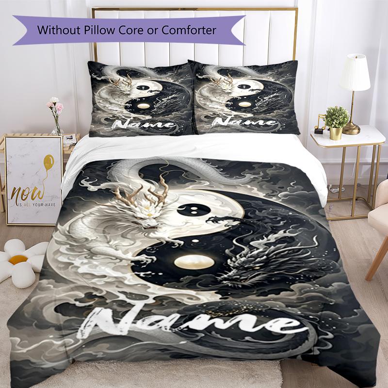 3pcs Custom Name Dragon Bedding Set Duvet Cover Closure Includes 1 Duvet Cover & 2 Pillowcases, Soft and Comfortable for All Seasons.