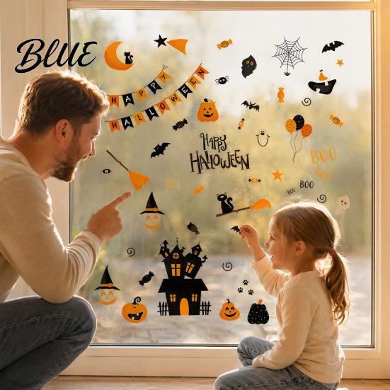 Halloween Window Stickers 4 Sheets Electrostatic Glass Stickers Cartoon Pumpkins Castle Bats Decals PVC Waterproof Static Clings for Windows