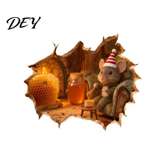 Winter Theme Wall Sticker 3D Christmas Mouse Hole Sticker, Waterproof PVC Decal, Creative Festive Easy Apply Graphic Scene for Holiday Living Room And