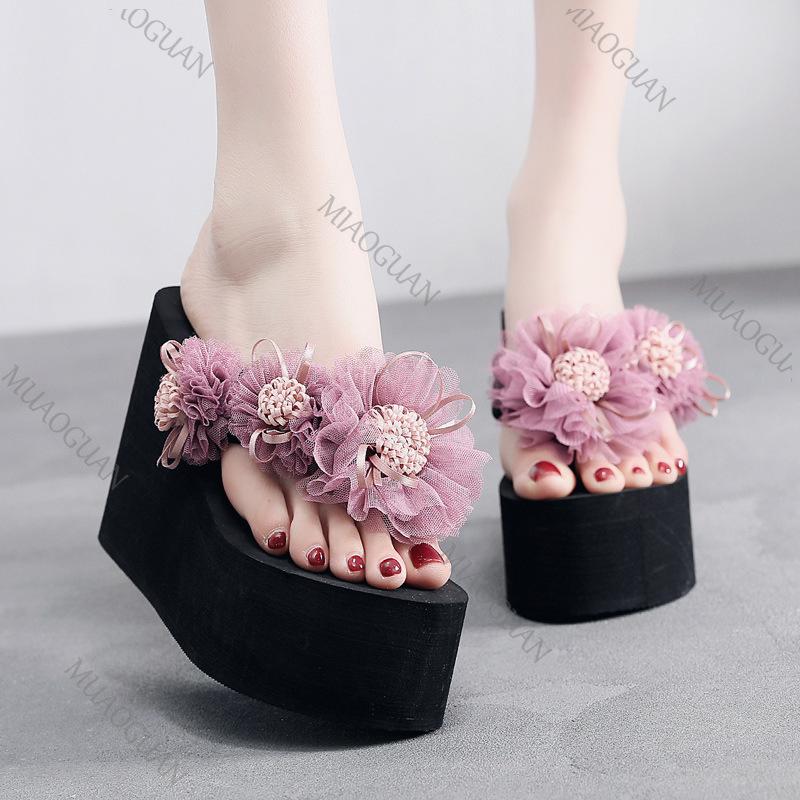 Fashion Flower Decor Wedge Flip Flops Women 2025 Summer Black Thick Bottom Platform Sandals Slides Woman 11cm High Heels Beach Slippers