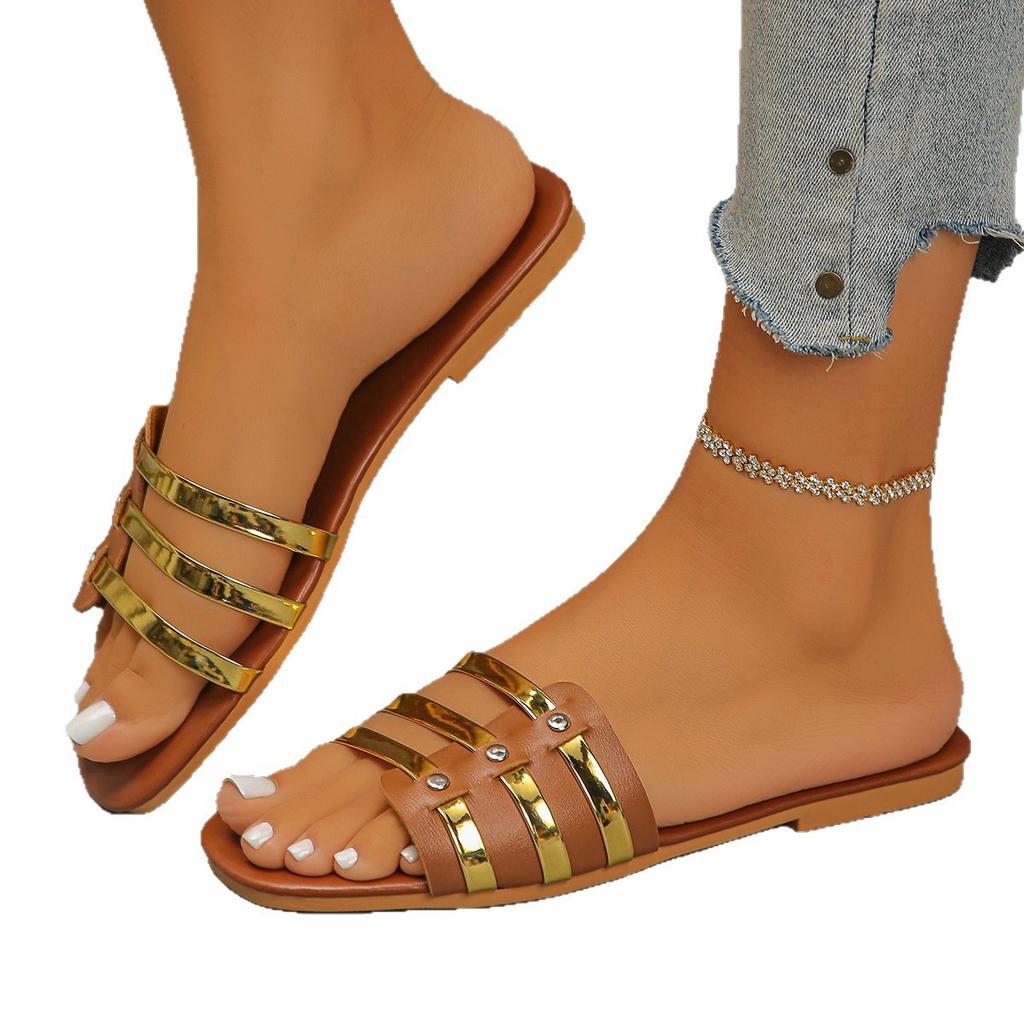 Large Size Flat Bottomed One Foot Sandals for Women's Summer New Retro Rivet Beach Straight Slippers for Women