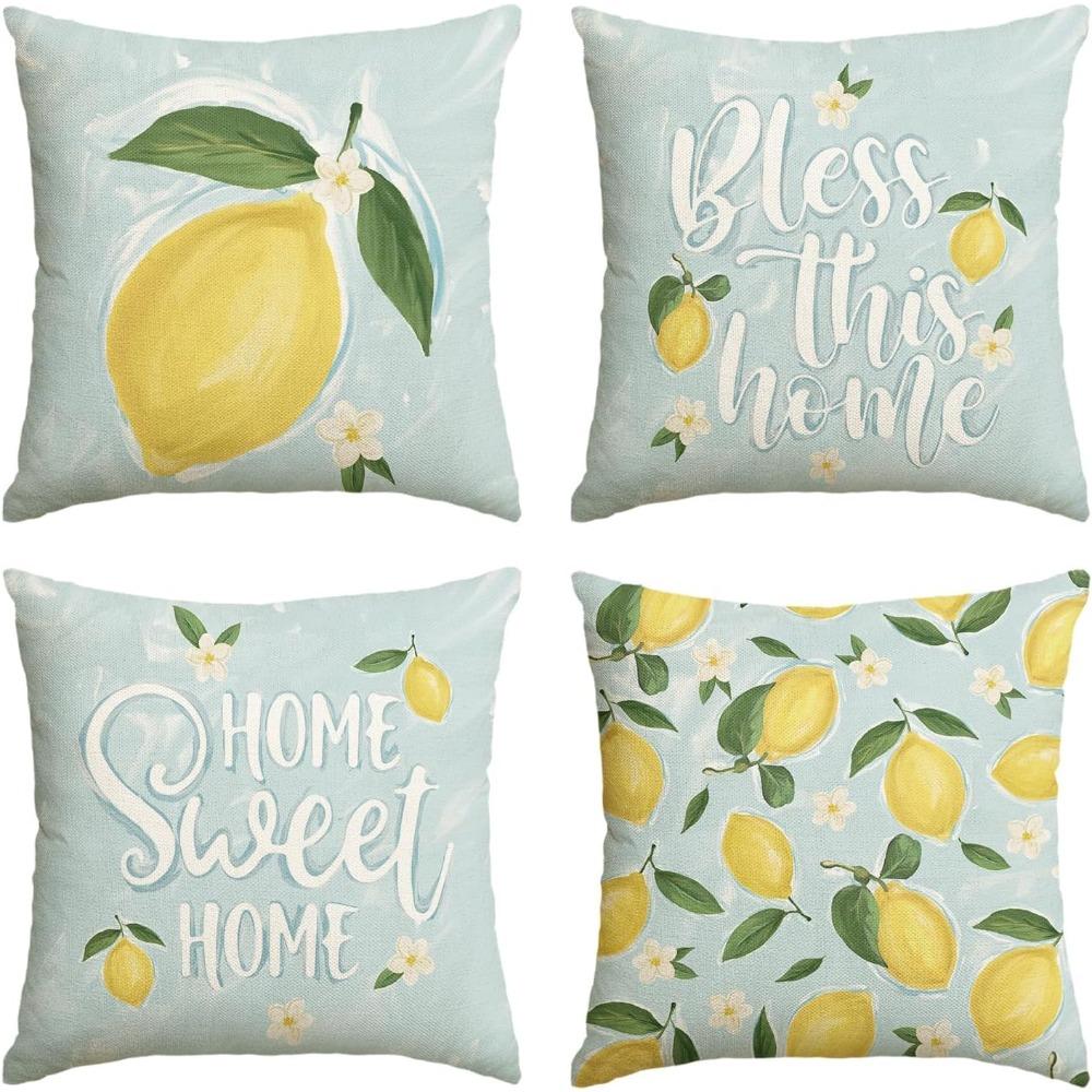 

4pcs Summer Home Sweet Home Lemon Floral Throw Pillow Covers Bless This Home Holiday Seasonal Cushion Case Decorations 4pcs