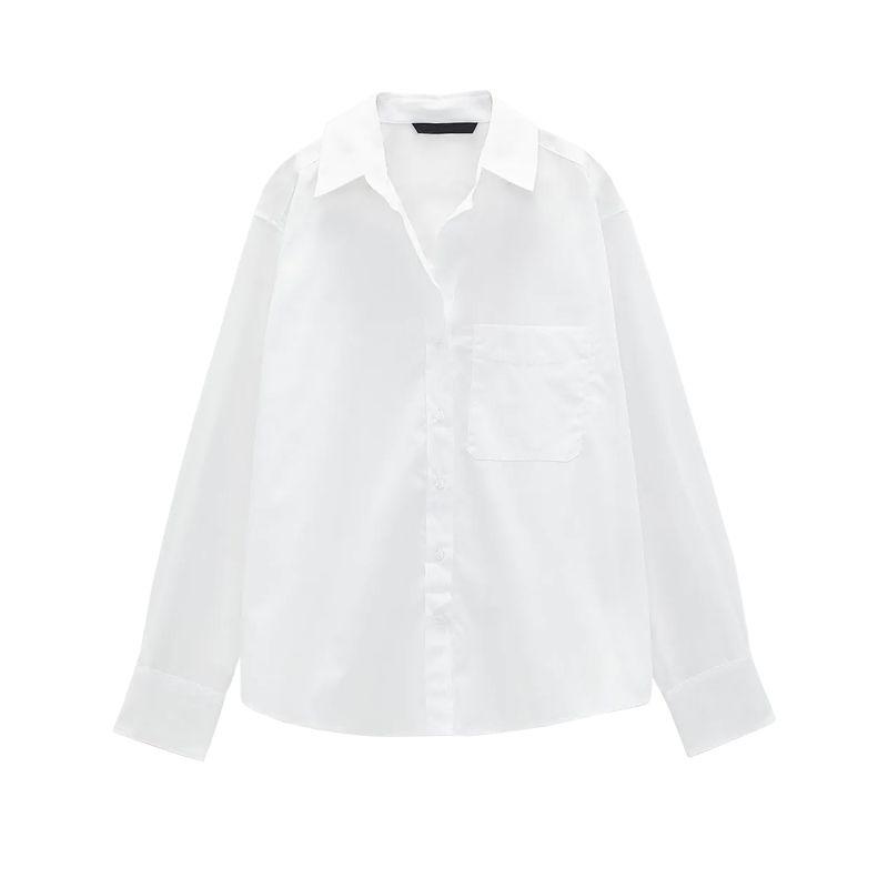 Za Fall and Winter White Base Shirt Tops Loose Long Sleeves Single Striped Style with Pockets Shirt Female 2173262 7727760