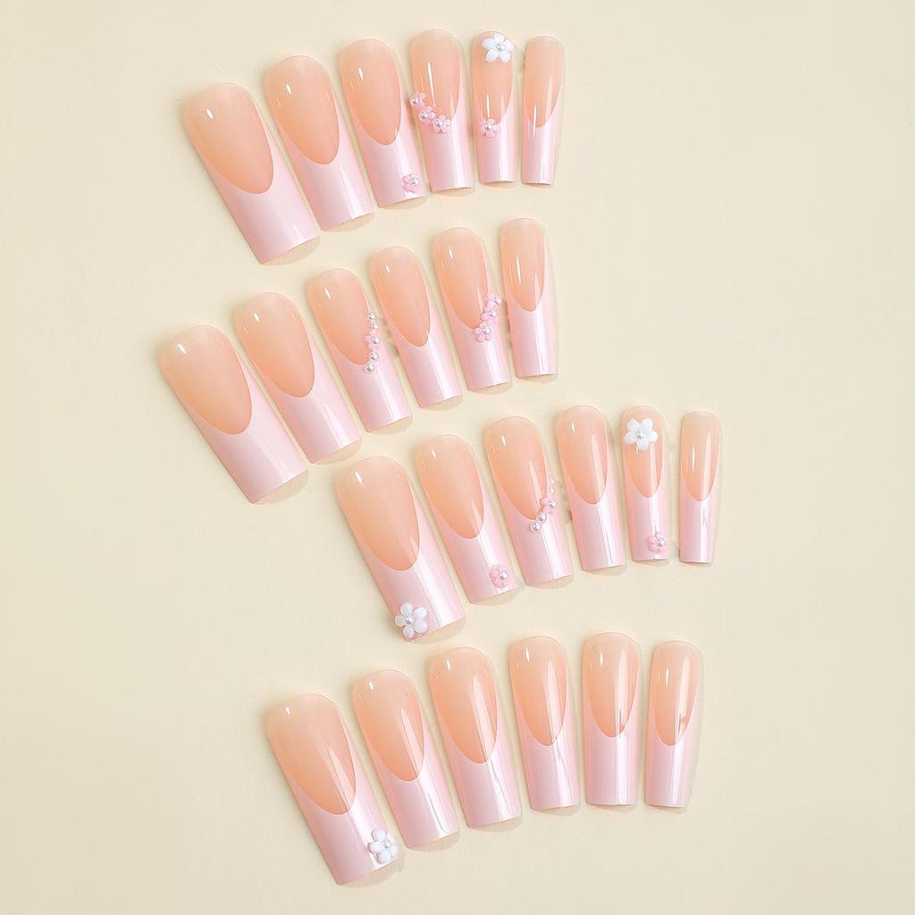 Camellia Rhinestone Extra Long French Manicure Fake Nails