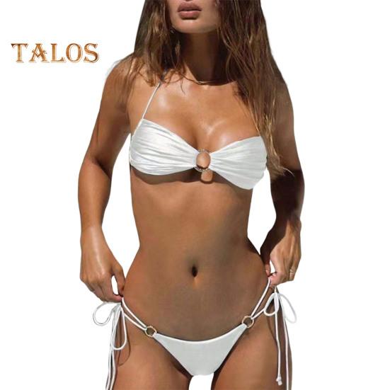 Women's Two Piece Swimsuit Halter String Triangle Bikini Set Metal Ring Pleated Bathing Suit Cutout Beachwear for Vacation Party
