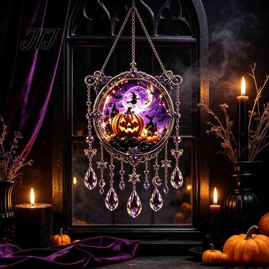 Acrylic Hanging Decor Halloween Crystal Window Suncatcher, Witch Wind Chime, Decorative Creative Birthday Presents Ornament for Indoor Outdoor Garden