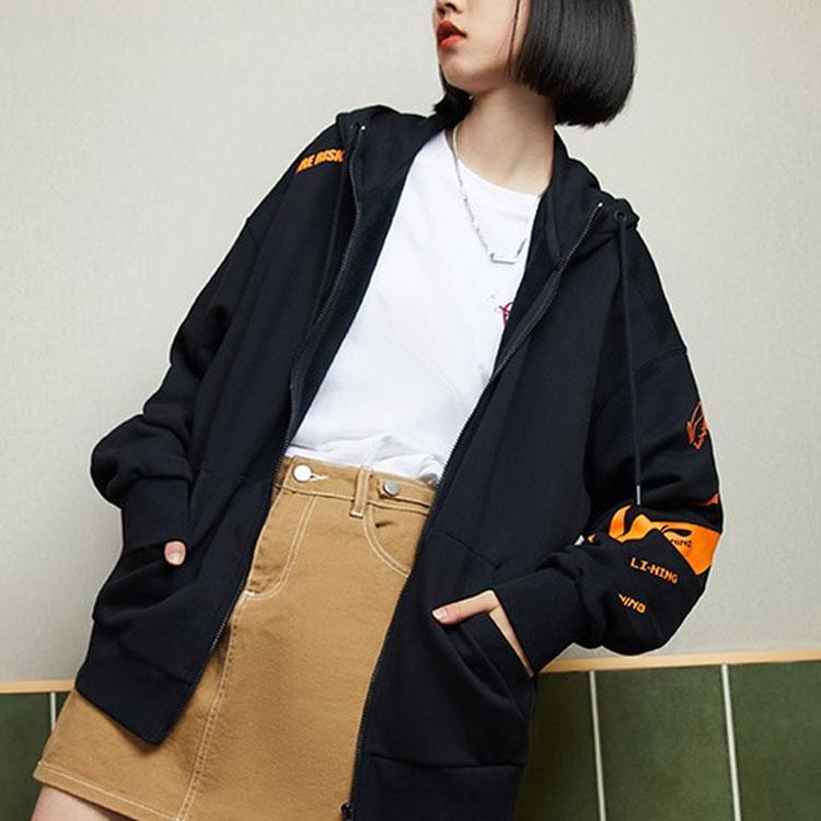 LiNing Training Series Color Block Logo Printed Fleece Warm Zip-Up Sports Hoodie Unisex Hoodies Black AWDRD34-1