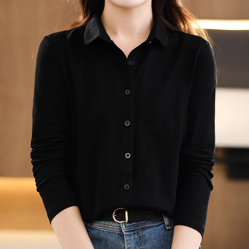 

Polo Neck French Loose Cotton Shirt Versatile Long Sleeve Bottom Shirt Top M
