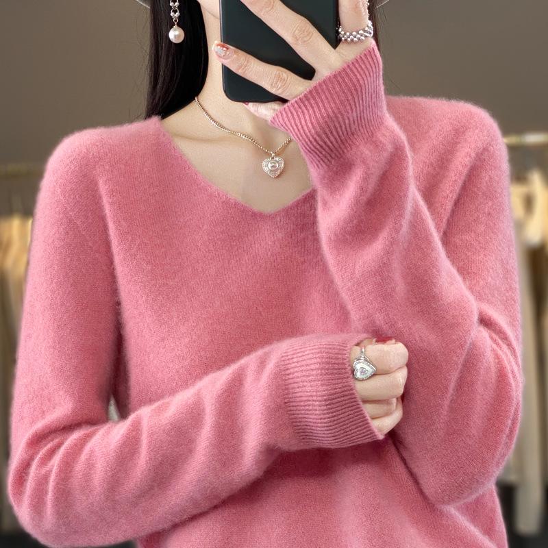 Women's V-Neck Seamless Wool Sweater - Loose, 100% Cashmere Knit for Autumn/Winter