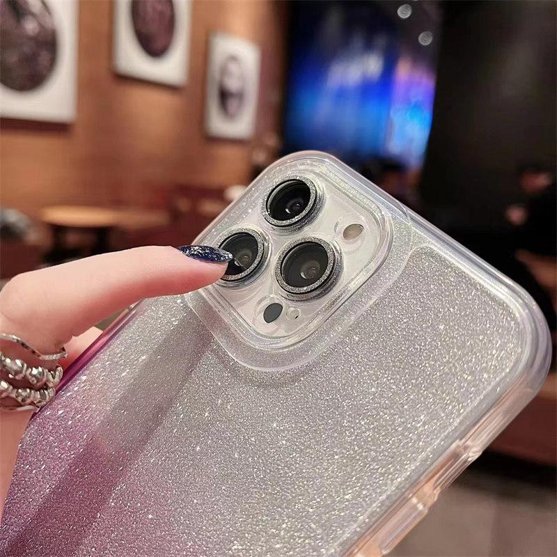 Luxury Gradient Color Glitter Paper 2-in-1 Case for iPhone 15 Pro Max 14 13 12 Pro 11 Full Cover with Glitter Lens Film Cover