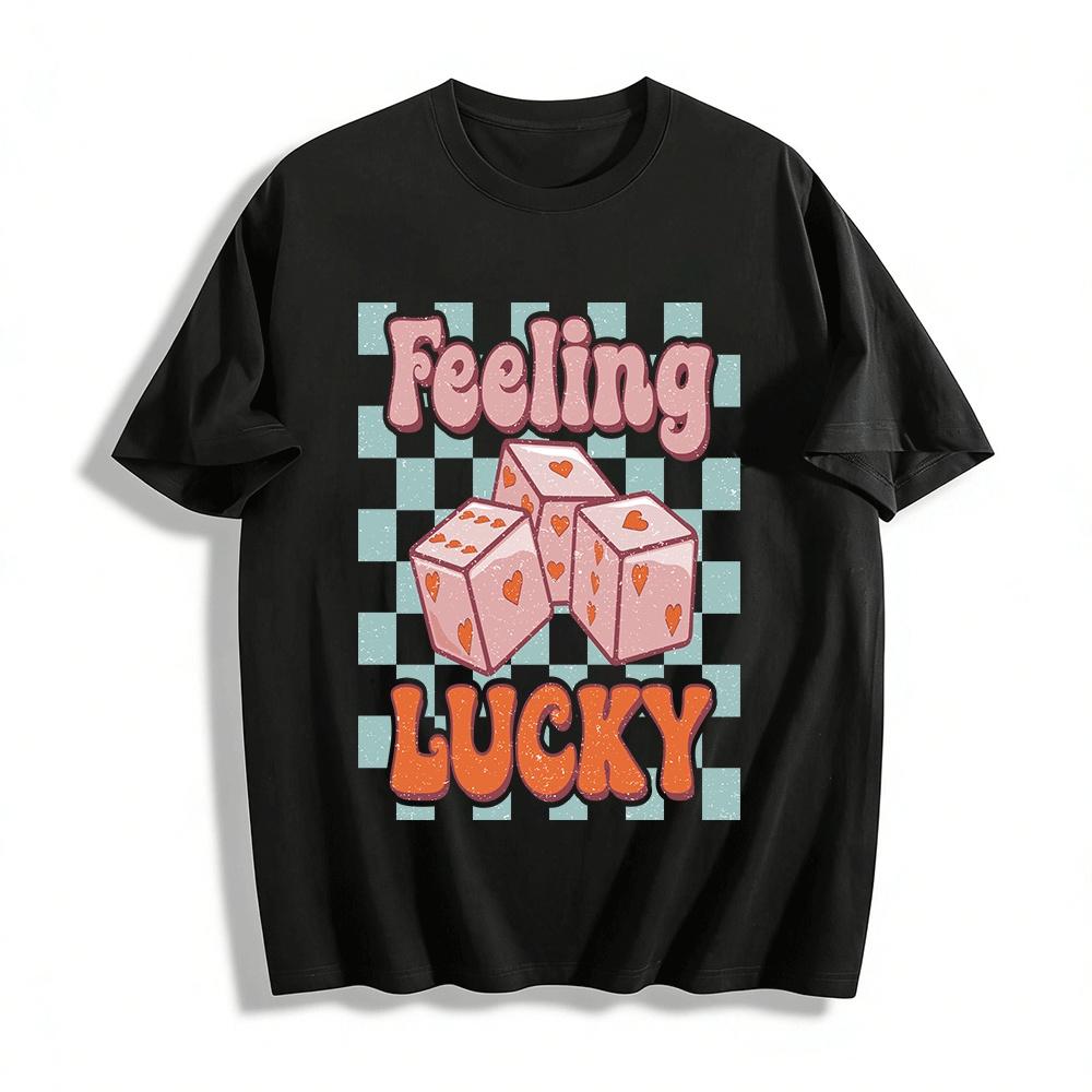 Feeling Lucky Heart Dice Print Casual Tee Checkerboard Retro Top Pure cotton T-shirt XXS