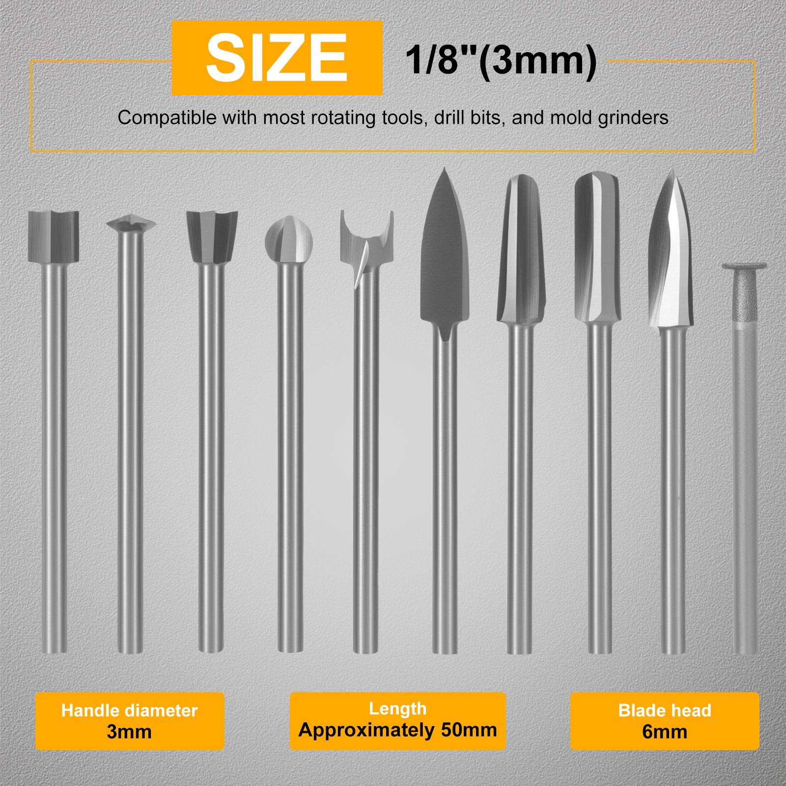 

10PCS Wood Carving Drill Bits Set 1/8 Inch Shank Micro Sculpture for Dremel Router and Rotary Tool Engraving Bits Woodworking