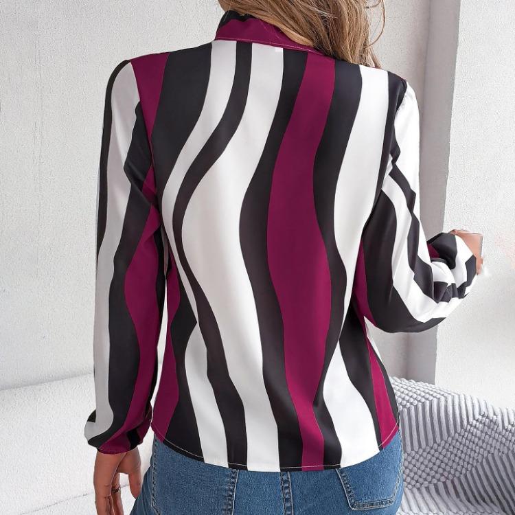 Fashion Women Long Sleeve Blouse Stripe Print Bow Collar Shirt Spring Autumn Top Temperament