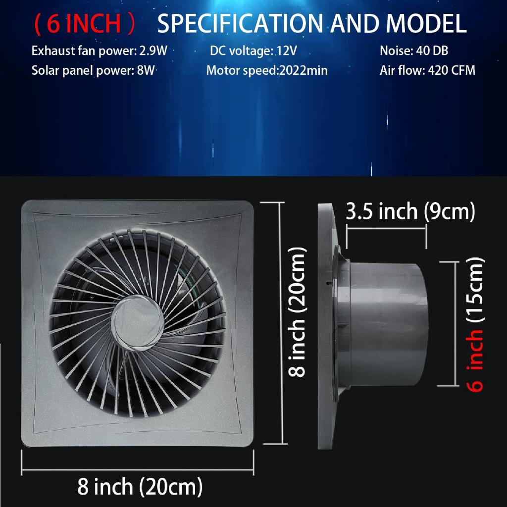 4/6/8 Inch Exhaust Fan Solar Panel Air Suction Fan High Speed Greenhouse or Pet House Air Circulation Ventilation Fan