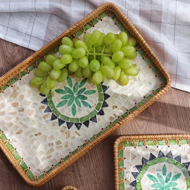 Asian Handmade Rattan Shell Tray Decorative Dining Accessory Fruit Serving Plate Home Snack Storage Tray for Living Room