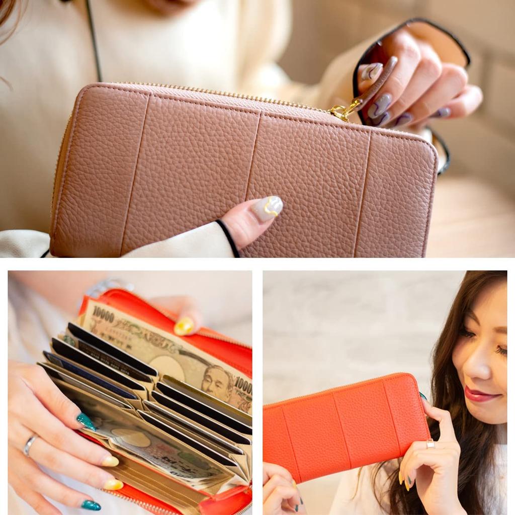Women's Garçon Wallet Cowhide Long Wallet Receipt and Coin Sorting Box-Type Coin-Through Large Capacity (Olive)