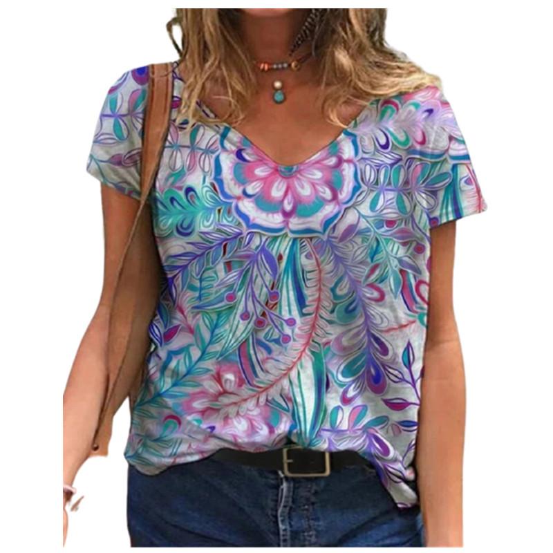Fashion Spring  Butterfly Print Blouses Short Sleeved V-Neck T Shirts Casual