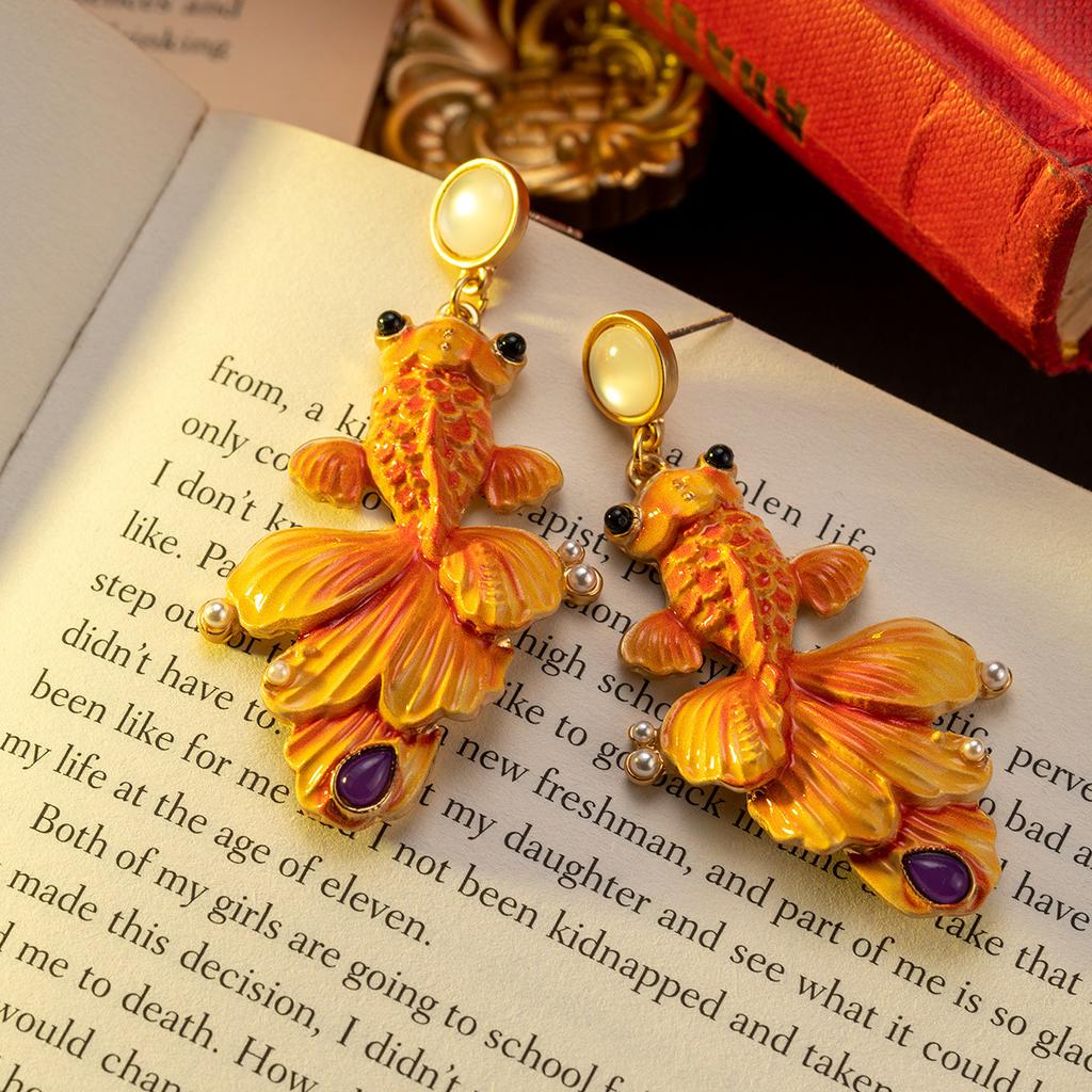 Medieval Jewelry New Chinese Goldfish Koi China-Chic Earrings Traditional Classical Style Delicate Pearl