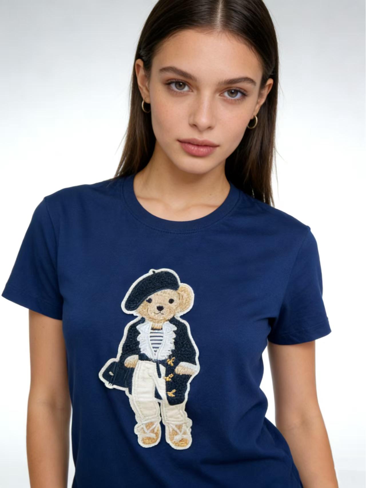 

Women s Retro Cartoon Bear T-Shirt: Short Sleeves, Round Neck, Spring/Summer Collection. Small темно-синий