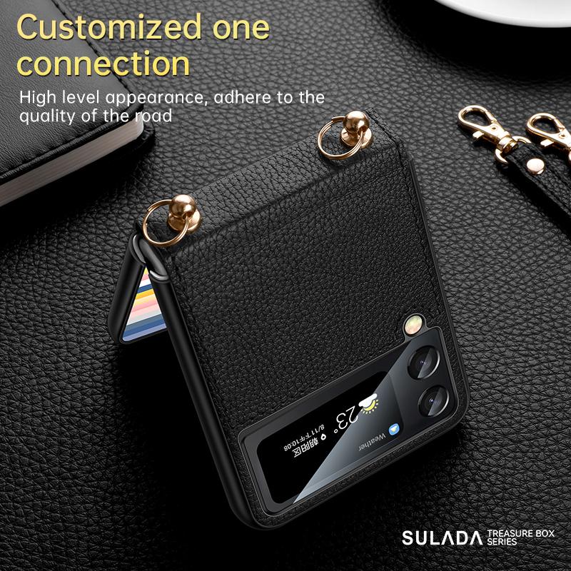 Für Samsung Galaxy Z Flip 3 5g (2021 )Hülle, mit Umhängeband zum Umhängen, Leder-Schutzhülle mit Schultergurt