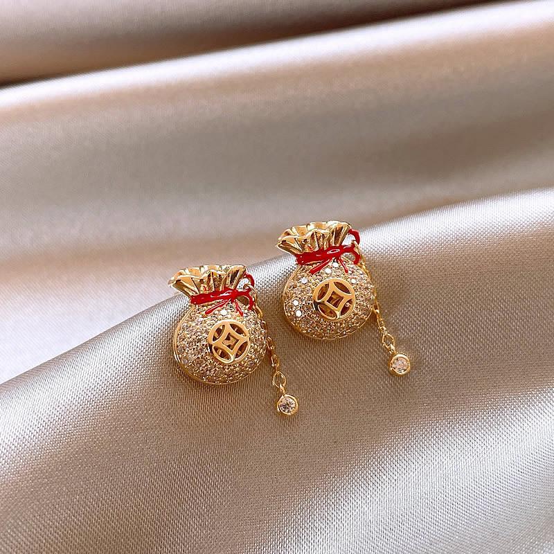 Silver Needle New Chinese Simple Diamond-encrusted Lucky Bag Fringed Earrings, Earrings, Exquisite Versatile Earrings