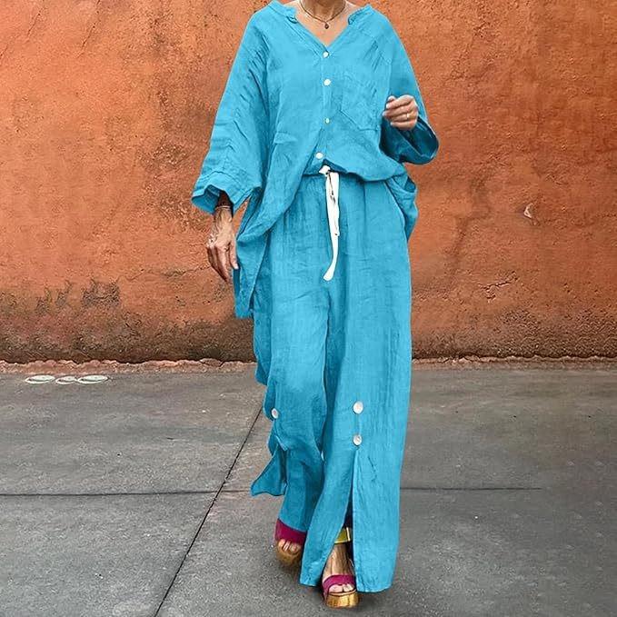 Casual Khaki Button Down Shirt and Wide Leg Pants Set with Drawstring Waist
